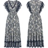 image:imageRVivimos Womens Summer 2026 Boho Floral Print V Neck Short Sleeve Drawstring Tie Casual Flowy Midi DressSmoke Black