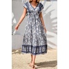 image:imageRVivimos Womens Summer 2026 Boho Floral Print V Neck Short Sleeve Drawstring Tie Casual Flowy Midi DressSmoke Black