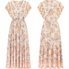image:imageRVivimos Womens Summer 2026 Boho Floral Print V Neck Short Sleeve Drawstring Tie Casual Flowy Midi DressWhite