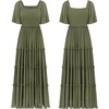 image:imageRVivimos Womens Summer 2026 Maxi Dress Short Sleeve Square Neck Elastic Smocked Swiss Dots Casual ALine Flowy Long DressesArmy Green