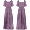 image:imageRVivimos Womens Summer 2026 Maxi Dress Short Sleeve Square Neck Elastic Smocked Swiss Dots Casual ALine Flowy Long DressesDark Purple