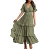 image:imageRVivimos Womens Summer Button Down Maxi Dress 2026 Casual Short Sleeve V Neck Elastic Waist Ruffle Tiered Flowy Long DressArmy Green