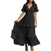image:imageRVivimos Womens Summer Button Down Maxi Dress 2026 Casual Short Sleeve V Neck Elastic Waist Ruffle Tiered Flowy Long DressBlack