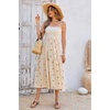 image:imageRVivimos Womens Summer Cotton Boho Midi Dress 2026 Spaghetti Strap Floral Embroidered Smocked Tiered Flowy Long DressesBeige