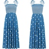 image:imageRVivimos Womens Summer Cotton Boho Midi Dress 2026 Spaghetti Strap Floral Embroidered Smocked Tiered Flowy Long DressesDark Blue