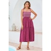 image:imageRVivimos Womens Summer Cotton Boho Midi Dress 2026 Spaghetti Strap Floral Embroidered Smocked Tiered Flowy Long DressesFuchsia