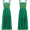 image:imageRVivimos Womens Summer Cotton Boho Midi Dress 2026 Spaghetti Strap Floral Embroidered Smocked Tiered Flowy Long DressesGreen