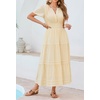 image:imageRVivimos Womens Summer Cotton Midi Dress 2026 Short Sleeve V Neck Elastic Waist Embroidered Tiered ALine Long DressesBeige