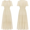 image:imageRVivimos Womens Summer Cotton Midi Dress 2026 Short Sleeve V Neck Elastic Waist Embroidered Tiered ALine Long DressesBeige