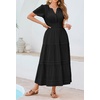 image:imageRVivimos Womens Summer Cotton Midi Dress 2026 Short Sleeve V Neck Elastic Waist Embroidered Tiered ALine Long DressesBlack