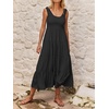 image:imageRVivimos Womens Summer Linen Tank Midi Dress 2026 Sleeveless Elastic Smocked ALine Tiered Boho Casual Flowy Beach SundressBlack2