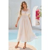 image:imageRVivimos Womens Summer Square Neck Midi Dress 2026 Casual Puff Half Sleeve Elastic Empire Waist Boho Flowy Long DressesBeige