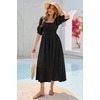 image:imageRVivimos Womens Summer Square Neck Midi Dress 2026 Casual Puff Half Sleeve Elastic Empire Waist Boho Flowy Long DressesBlack