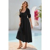 image:imageRVivimos Womens Summer Square Neck Midi Dress 2026 Casual Puff Half Sleeve Elastic Empire Waist Boho Flowy Long DressesBlack
