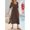 image:imageRVivimos Womens Summer Square Neck Midi Dress 2026 Casual Puff Half Sleeve Elastic Empire Waist Boho Flowy Long DressesBrown