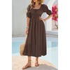 image:imageRVivimos Womens Summer Square Neck Midi Dress 2026 Casual Puff Half Sleeve Elastic Empire Waist Boho Flowy Long DressesBrown