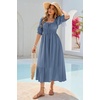 image:imageRVivimos Womens Summer Square Neck Midi Dress 2026 Casual Puff Half Sleeve Elastic Empire Waist Boho Flowy Long DressesDusty Blue