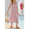 image:imageRVivimos Womens Summer Square Neck Midi Dress 2026 Casual Puff Half Sleeve Elastic Empire Waist Boho Flowy Long DressesDusty Pink