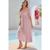 image:imageRVivimos Womens Summer Square Neck Midi Dress 2026 Casual Puff Half Sleeve Elastic Empire Waist Boho Flowy Long DressesDusty Pink