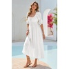 image:imageRVivimos Womens Summer Square Neck Midi Dress 2026 Casual Puff Half Sleeve Elastic Empire Waist Boho Flowy Long DressesWhite