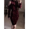 image:imageRVivimos Womens Winter Crushed Velvet Long Sleeves Cold Shoulder High Neck Bodycon Mini DressBurgundy