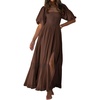 image:imageRVivimos Summer Boho Maxi Dresses for Women 2026 Puff Sleeve Square Neck Smocked Casual Slit Flowy Long Dress with PocketsBrown