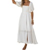 image:imageRVivimos Summer Boho Maxi Dresses for Women 2026 Puff Sleeve Square Neck Smocked Casual Slit Flowy Long Dress with PocketsWhite