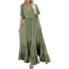 image:imageRVivimos Summer Flowy Maxi Dresses for Women 2026 V Neck Short Sleeve Tie Back Boho Casual Tiered Ruffle Long DressArmy Green