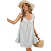 image:imageRVivimos Womens 2026 Summer Cotton Floral Mini Dress Sleeveless Button Down Ruffle Neck Embroidered Casual Loose Tunic DressWhite Blue