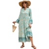 image:imageRVivimos Womens Boho Floral Print Midi Dress 2026 Long Sleeve V Neck Button Up Casual Loose Flowy Beach Long DressesBlue Turquoise