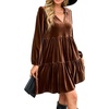 image:imageRVivimos Womens Fall Winter Velvet Tunic Dress 2026 Long Sleeve V Neck Casual Loose Tiered Ruffle Mini DressBrown