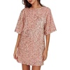 image:imageRVivimos Womens Sparkly Sequin Party Dress Fall Winter Short Sleeve Crew Neck Velvet Loose Elegant Backless Mini DressPink