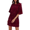 image:imageRVivimos Womens Sparkly Sequin Party Dress Fall Winter Short Sleeve Crew Neck Velvet Loose Elegant Backless Mini DressWinered