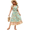 image:imageRVivimos Womens Summer 2026 Boho Floral Print V Neck Short Sleeve Drawstring Tie Casual Flowy Midi DressAqua