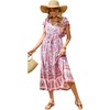 image:imageRVivimos Womens Summer 2026 Boho Floral Print V Neck Short Sleeve Drawstring Tie Casual Flowy Midi DressPink