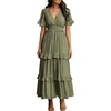 image:imageRVivimos Womens Summer Button Down Maxi Dress 2026 Casual Short Sleeve V Neck Elastic Waist Ruffle Tiered Flowy Long DressArmy Green