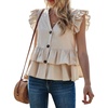 image:imageRVivimos Womens Summer Sleeveless V Neck Button Up Ruffles Cotton Blouse TopsKhaki