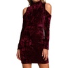 image:imageRVivimos Womens Winter Crushed Velvet Long Sleeves Cold Shoulder High Neck Bodycon Mini DressBurgundy