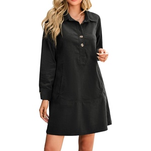 image:imageRVivimos 2026 Fall Corduroy Cotton Casual Dresses for Women Long Sleeve Button Up Shift Mini Dress with PocketsBlack