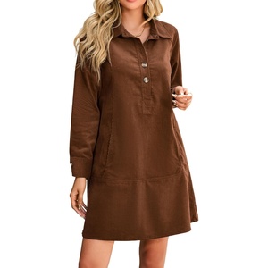 image:imageRVivimos 2026 Fall Corduroy Cotton Casual Dresses for Women Long Sleeve Button Up Shift Mini Dress with PocketsBrown