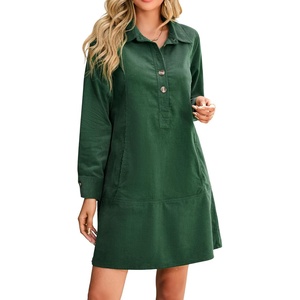 image:imageRVivimos 2026 Fall Corduroy Cotton Casual Dresses for Women Long Sleeve Button Up Shift Mini Dress with PocketsDark Green