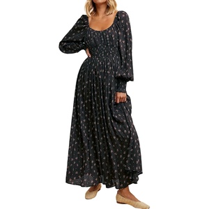 image:imageRVivimos 2026 Puff Long Sleeve Chiffon Maxi Dress for Women Square Neck Elastic Empire Waist Floral Print ALine Flowy DressBlack