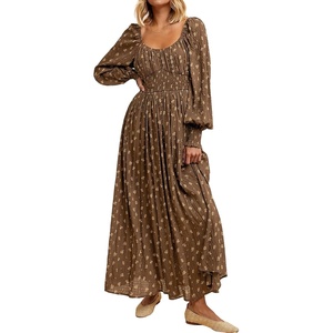 image:imageRVivimos 2026 Puff Long Sleeve Chiffon Maxi Dress for Women Square Neck Elastic Empire Waist Floral Print ALine Flowy DressBrown