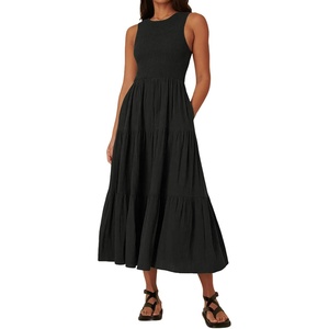 image:imageRVivimos 2026 Summer Cotton Midi Dresses for Women Casual Sleeveless Smocked ALine Tiered Flowy Tank Dress with PocketsBlack