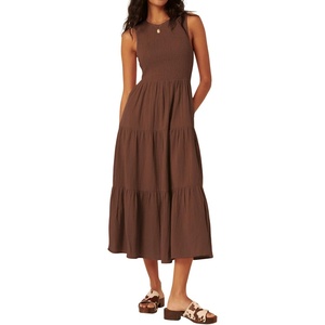 image:imageRVivimos 2026 Summer Cotton Midi Dresses for Women Casual Sleeveless Smocked ALine Tiered Flowy Tank Dress with PocketsBrown
