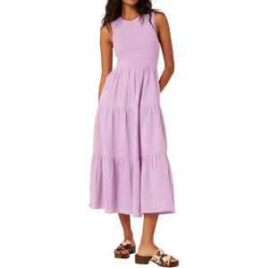 image:imageRVivimos 2026 Summer Cotton Midi Dresses for Women Casual Sleeveless Smocked ALine Tiered Flowy Tank Dress with PocketsLavender