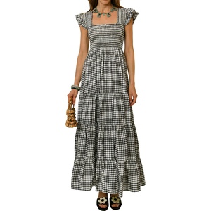 image:imageRVivimos 2026 Summer Cotton Plaid Maxi Dresses for Women Flutter Sleeve Square Neck Smocked Ruffle Flowy Tiered Casual DressBlack