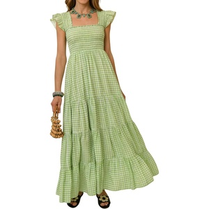 image:imageRVivimos 2026 Summer Cotton Plaid Maxi Dresses for Women Flutter Sleeve Square Neck Smocked Ruffle Flowy Tiered Casual DressGreen