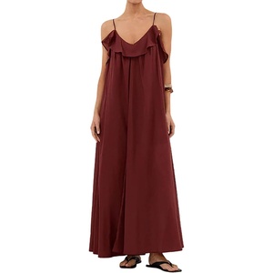image:imageRVivimos 2026 Womens Summer Cotton Adjustable Spaghetti Strap V Neck Casual Loose Flowy Vacation Maxi Dress Beach SundressWine Red