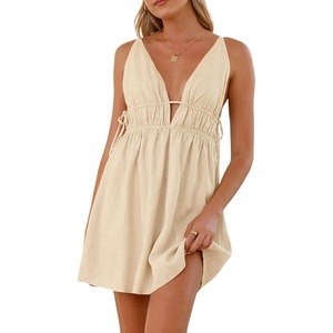 image:imageRVivimos Boho Dresses for Women 2026 Summer Sleeveless Sexy Deep V Neck Elastic Waist Sides Drawstring Tie Casual Mini DressKhaki